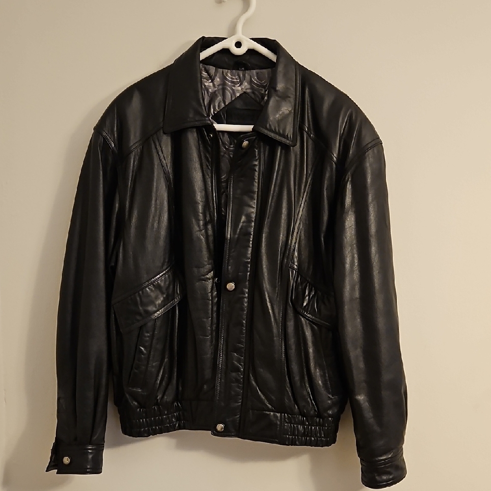 Classic Black Leather Bomber Jacket
